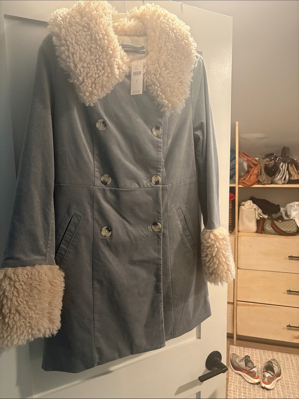 NWT - Anthropologie Gray Double-Breasted Peacoat with Cream Faux Shearling Trim